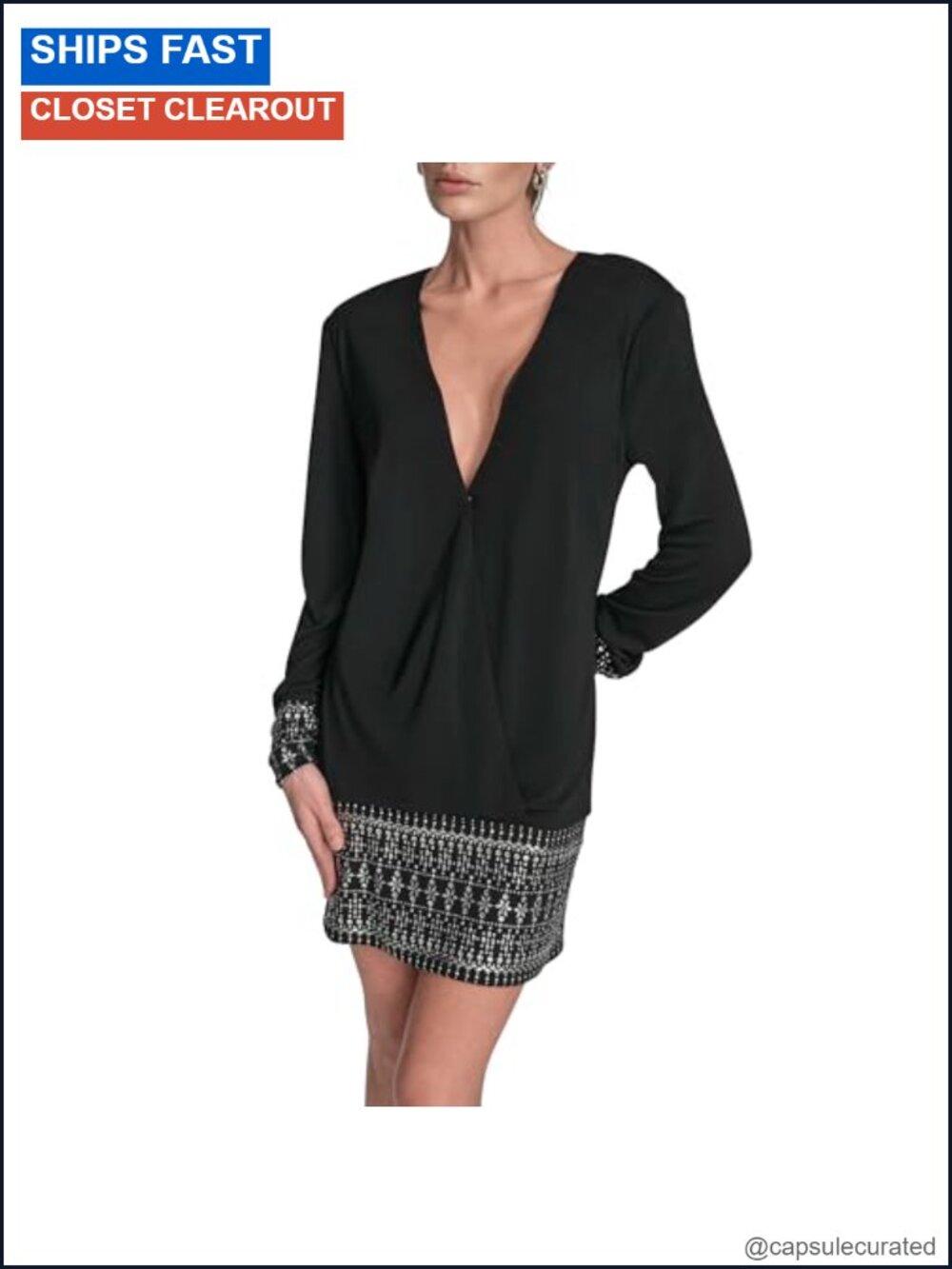 Long Sleeve Plunge V-Neck Bodycon Mini Dress Stretch Fitted